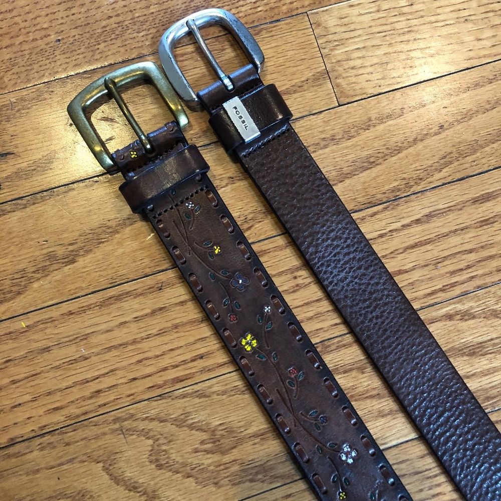 Lot FOSSIL Womens Brown Leather Belts M Floral